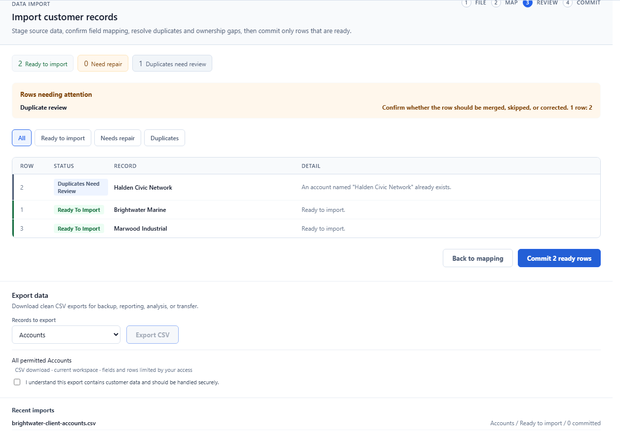 The CRM migration workbench: a staged CSV import with column mapping and a row-review table listing each incoming account and its readiness.